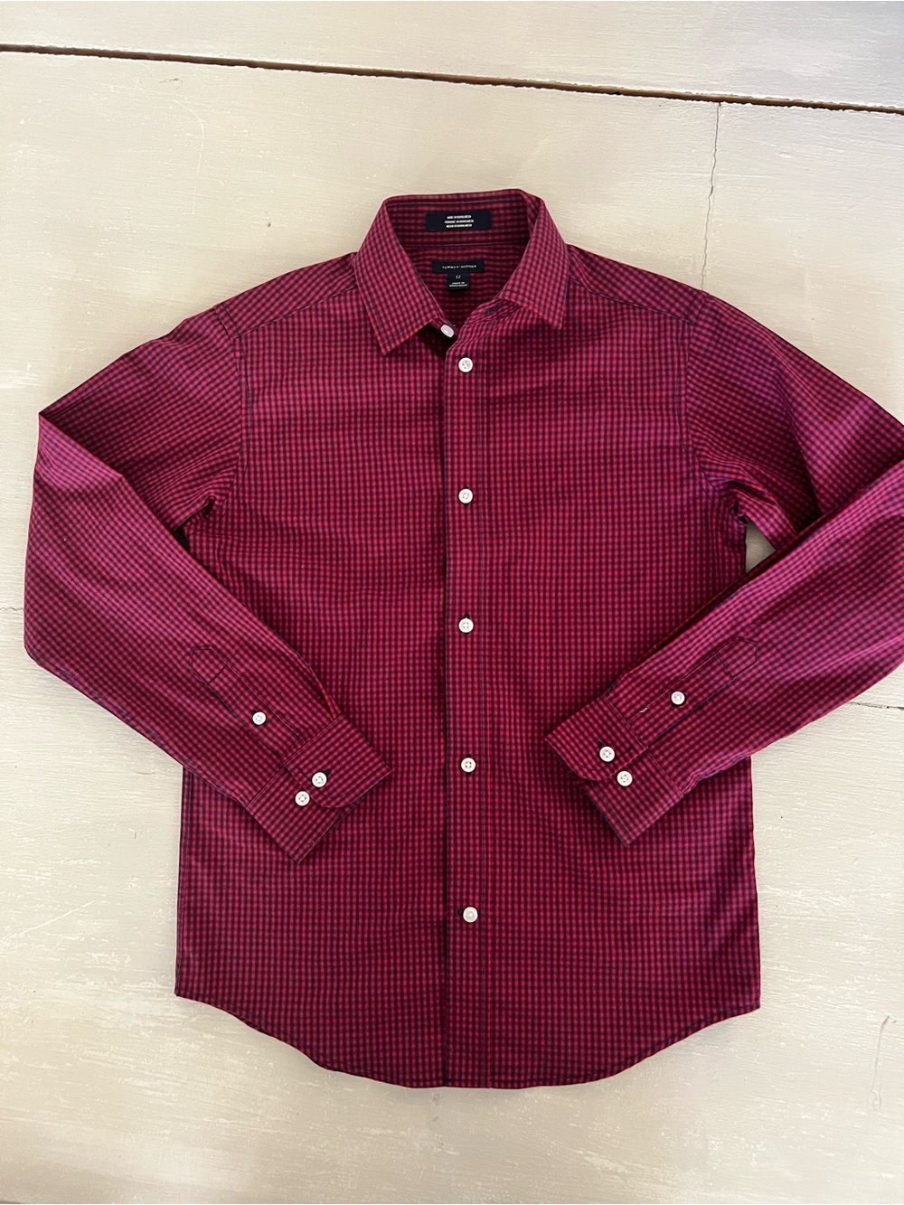 Tommy Hilfiger Boys Christmas Button Down Shirt Sz 12 Red Plaid Holiday winter